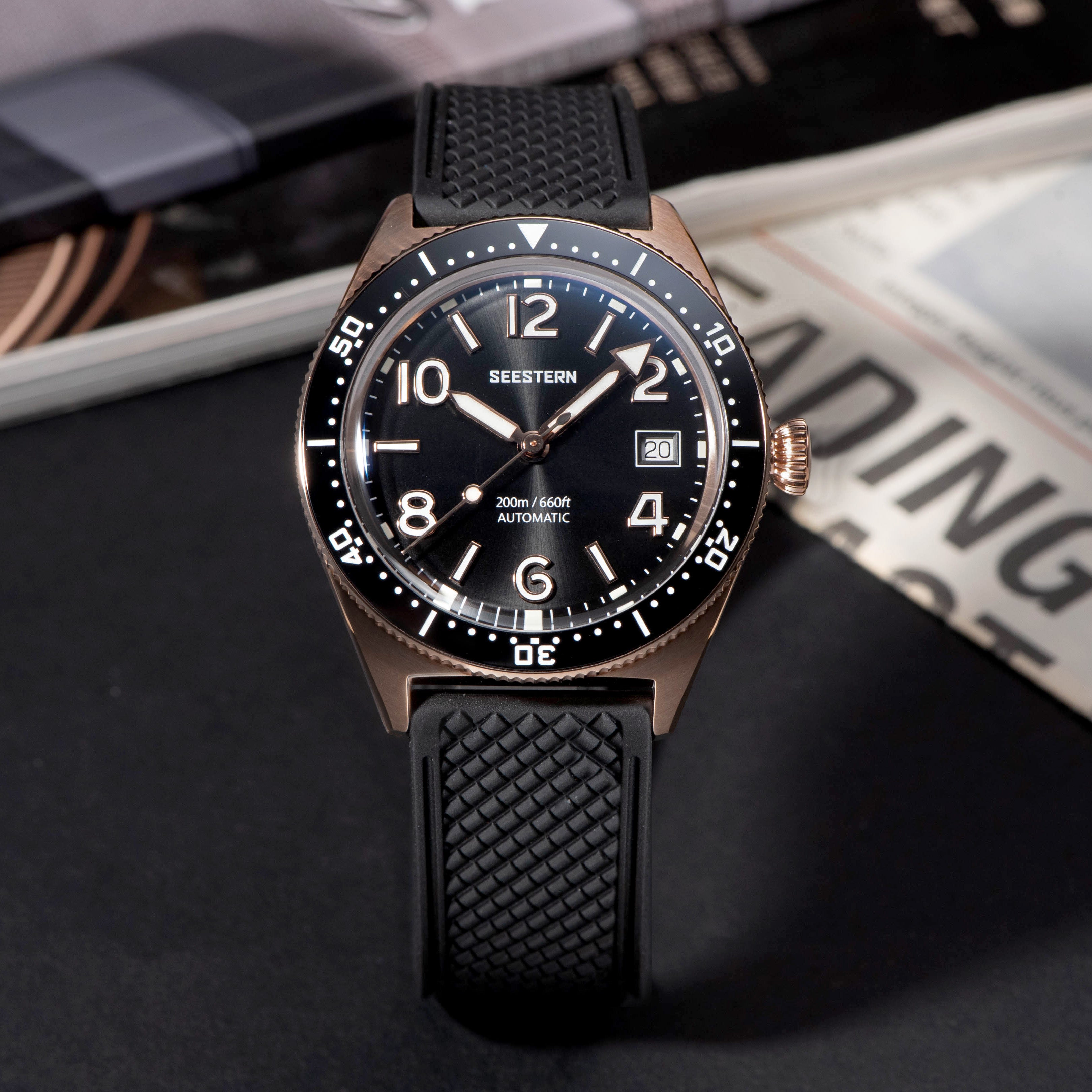 Seestern S435 Professional Diver Rose Gold Rubber Band (Seagull ST2130 movement)-TIME.SHOP