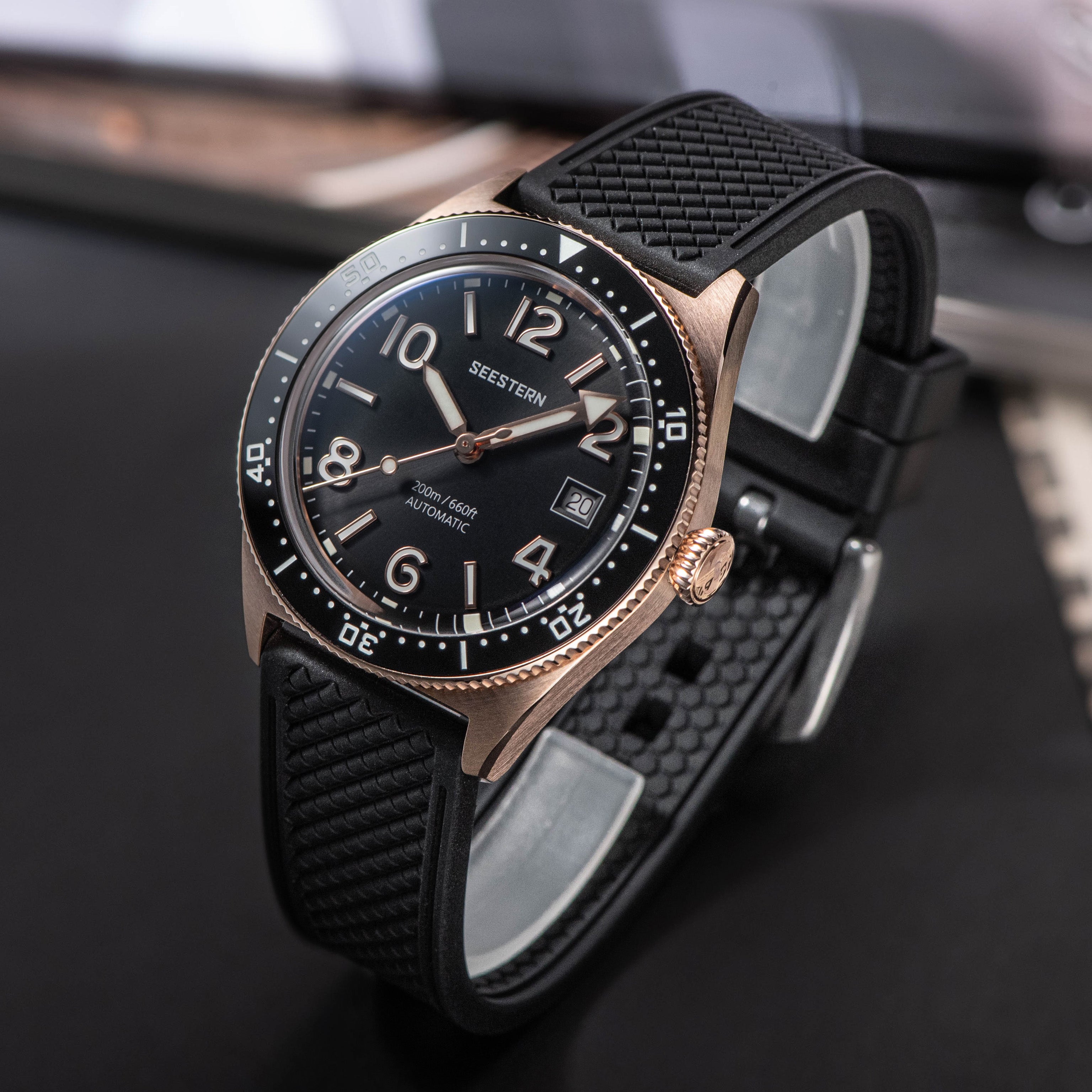 Seestern S435 Professional Diver Rose Gold Rubber Band (Seagull ST2130 movement)-TIME.SHOP