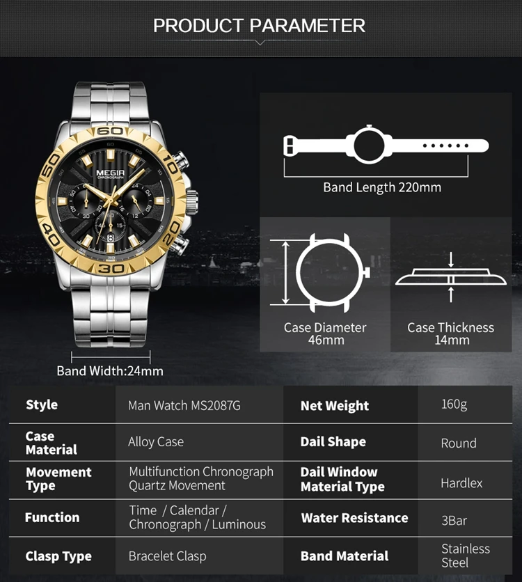 New Luxury Brand Male Reloj Megir 2087 Chronograph Wrist Watch
