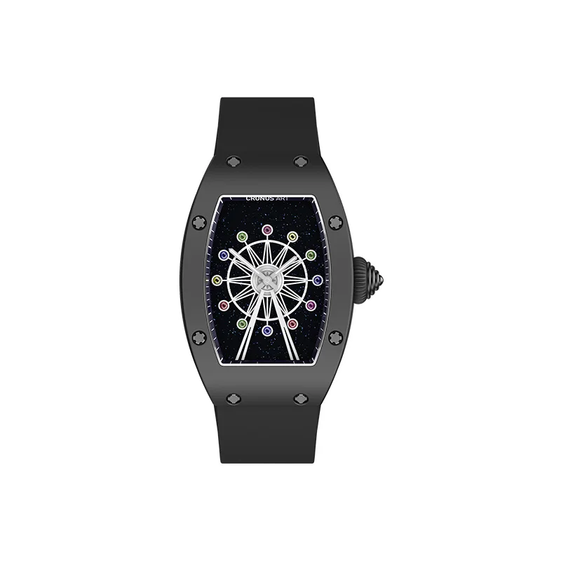 Cronusart women luxury watch tonneau ladies quartz wristwatch ceramic case Fluororubber strap rotatable Ferris wheel dial
