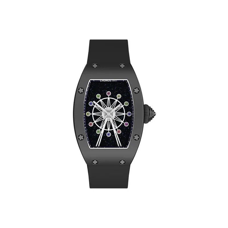 Cronusart women luxury watch tonneau ladies quartz wristwatch ceramic case Fluororubber strap rotatable Ferris wheel dial