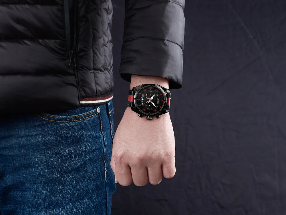 MEGIR 2076 Men'S Fashion Casual Quartz Movement Auto Date Leather Band Analog Watch Band Leather