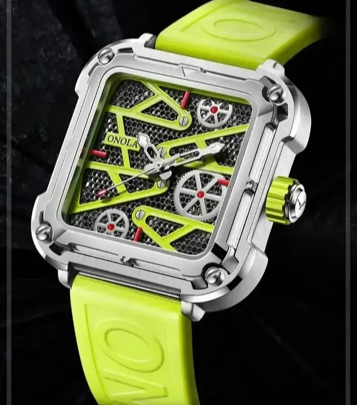 Fashion onola Mens Watch unique square mechanical wristwatch waterproof sport silicone strap automatic man wristwatches hot sale