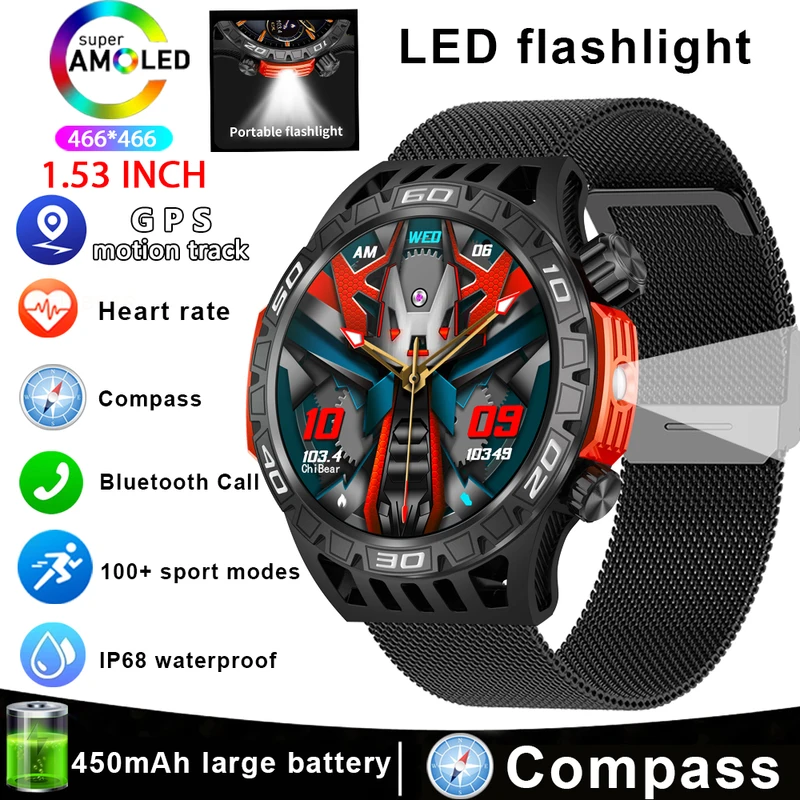 Smart watch men with LED lighting compass sports fitness tracker watch IP68 waterproof Bluetooth Talk smartwatch for Android iOS