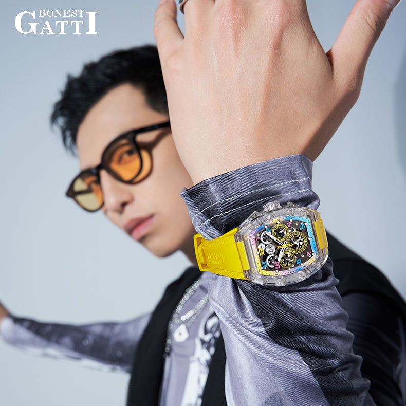 BONEST GATTI Barrel shaped Skeleton Movement K9 Crystal Case Fluororubber Strap Watch Luminous BG9920