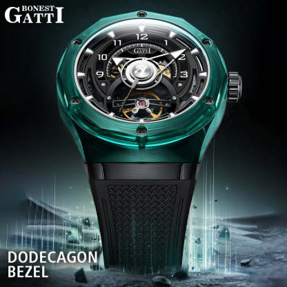 BONEST GATTI  Transparent Case Dodecagon Bezel Automatic Skeleton Movement Round Shaped Fluororubber Strap Watch BG5806