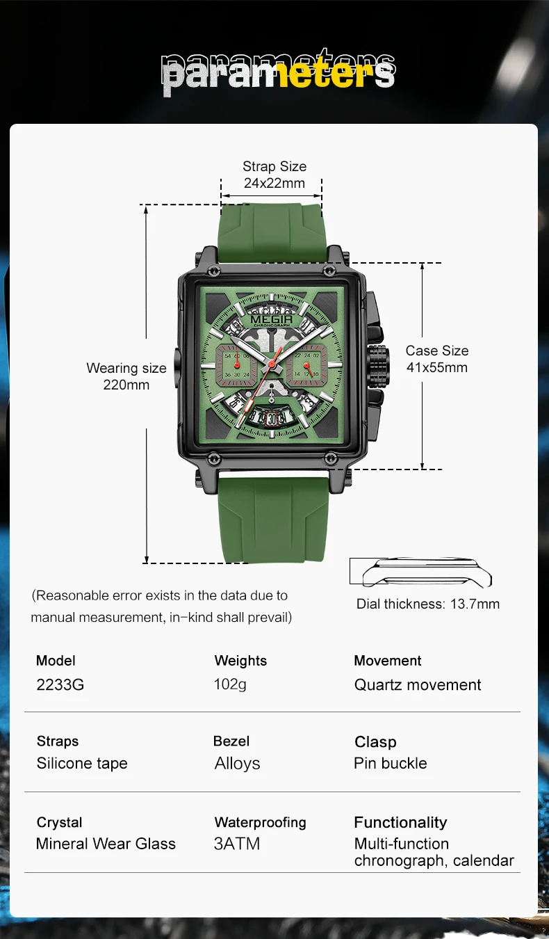 MEGIR 2233 Navy Blue Quartz Watch for Men Chronograph Waterproof Wristwatch with Silicone Strap Luminous Hands Date Square Dial