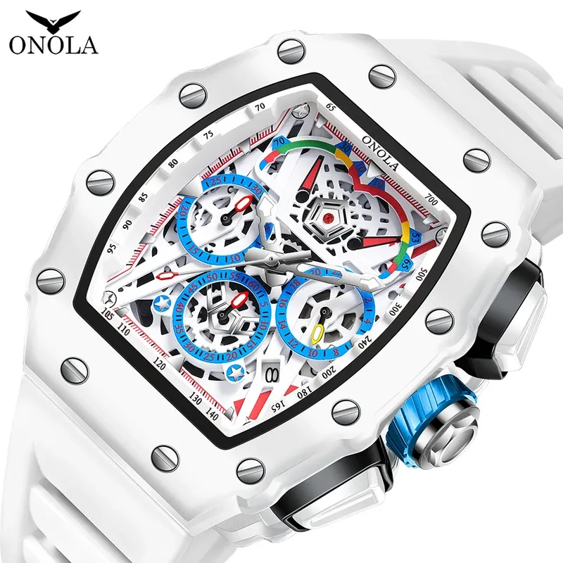 Luxury watch men's onola fashion casual multifunctional silicone tape waterproof quartz watch White