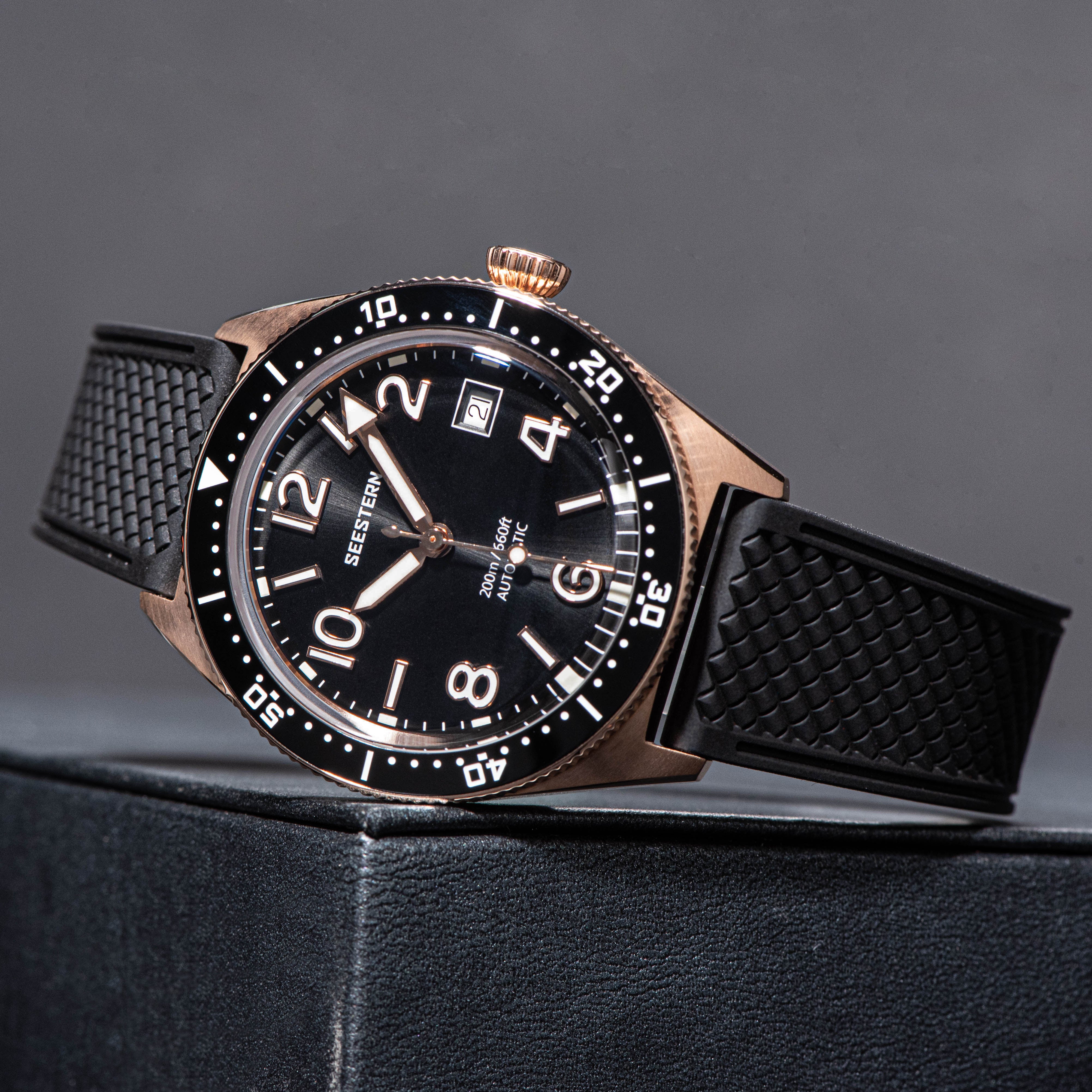Seestern S435 Professional Diver Rose Gold Rubber Band (Seagull ST2130 movement)-TIME.SHOP