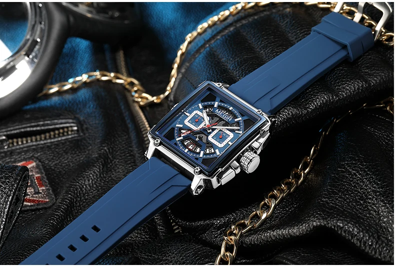 MEGIR 2233 Navy Blue Quartz Watch for Men Chronograph Waterproof Wristwatch with Silicone Strap Luminous Hands Date Square Dial
