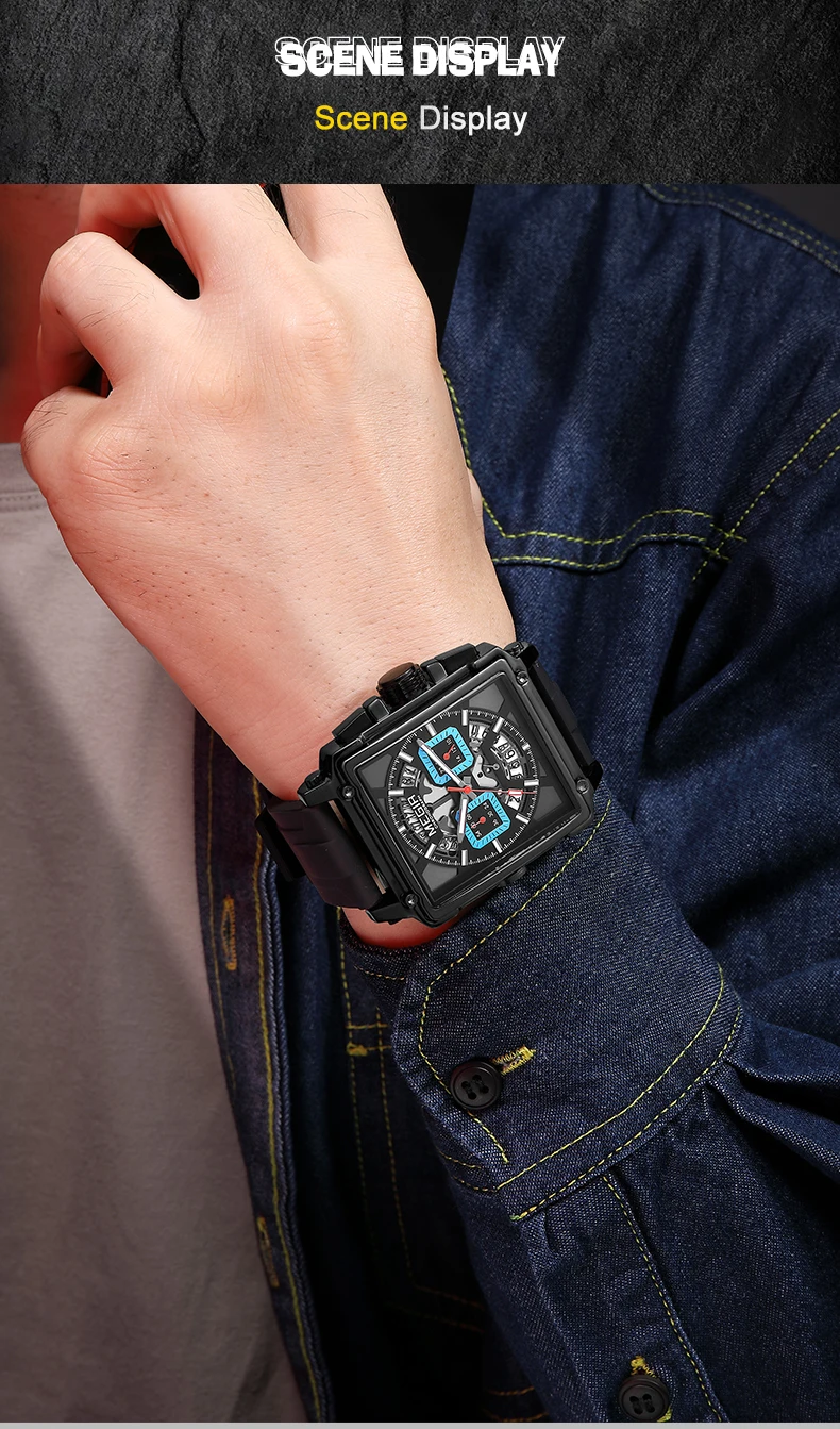 MEGIR 2233 Navy Blue Quartz Watch for Men Chronograph Waterproof Wristwatch with Silicone Strap Luminous Hands Date Square Dial