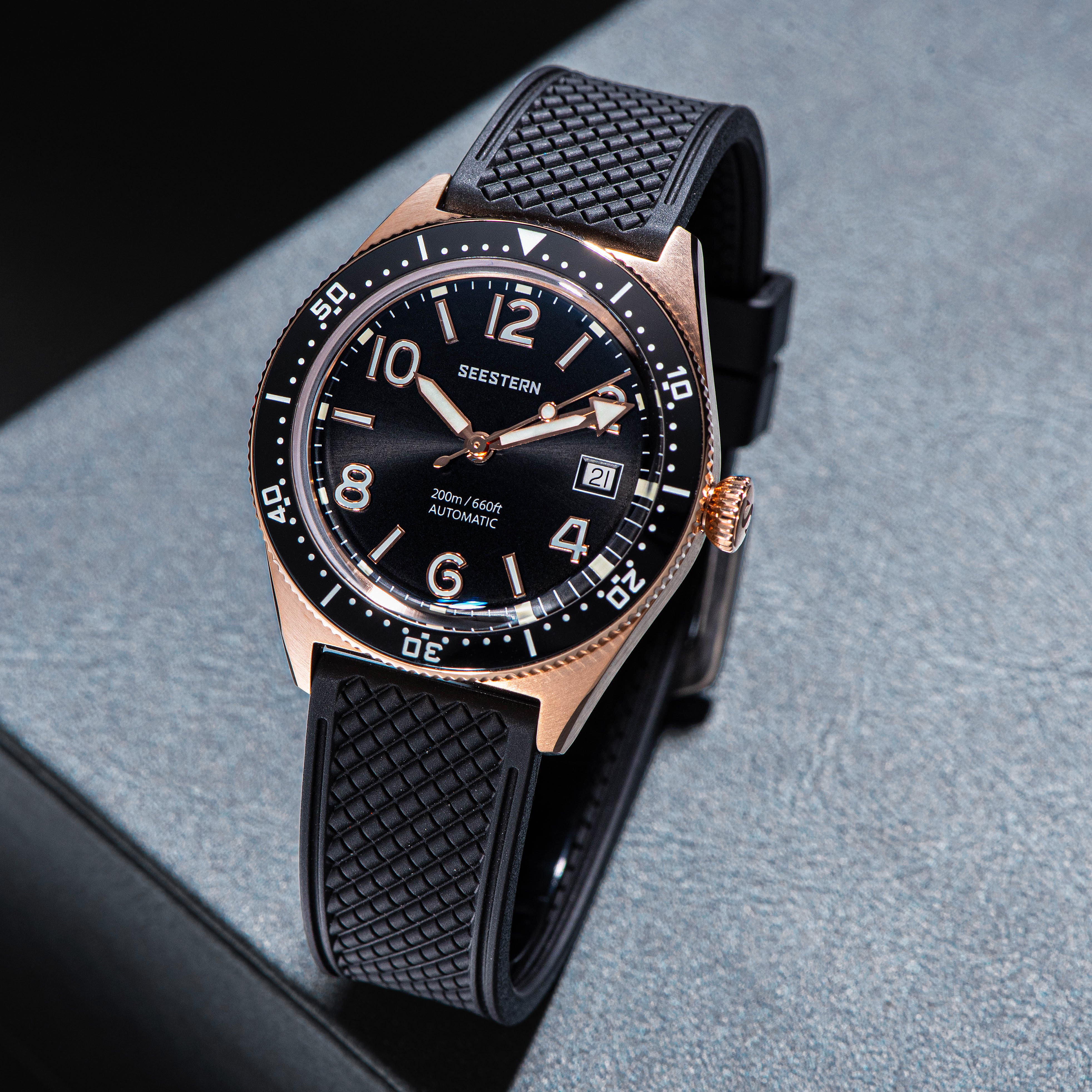 Seestern S435 Professional Diver Rose Gold Rubber Band (Seagull ST2130 movement)-TIME.SHOP