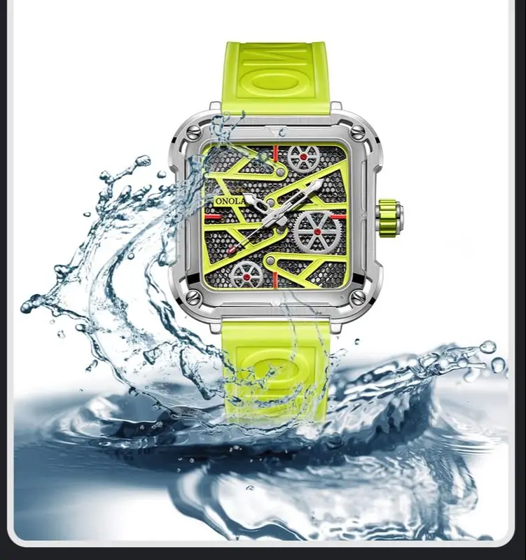 Fashion onola Mens Watch unique square mechanical wristwatch waterproof sport silicone strap automatic man wristwatches hot sale