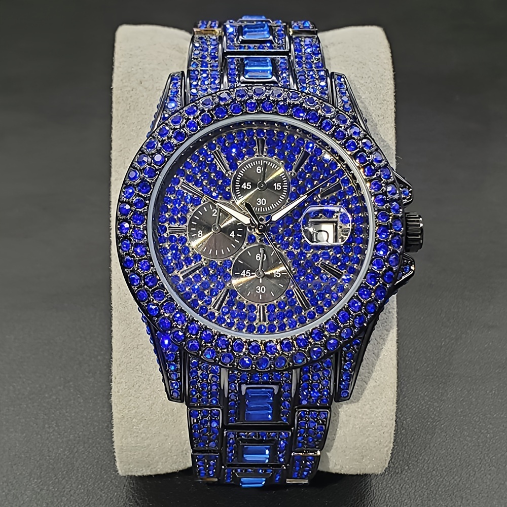 New Blue Rhinestone Hip Hop Men's Watch Fashion Ice Party Jewelry Watch Luxury Shining Gemstone Accessories Watch Fashion Men's and Women's Watch