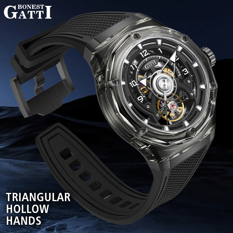 BONEST GATTI  Transparent Case Dodecagon Bezel Automatic Skeleton Movement Round Shaped Fluororubber Strap Watch BG5806