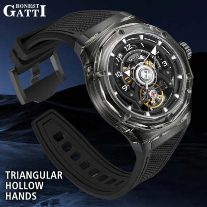 BONEST GATTI  Transparent Case Dodecagon Bezel Automatic Skeleton Movement Round Shaped Fluororubber Strap Watch BG5806