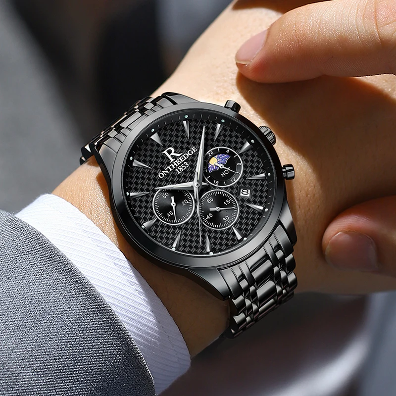 Luxury stainless steel watches for mens creative fashion luminous dial with chronograph clock male casual moon phase wristwatch