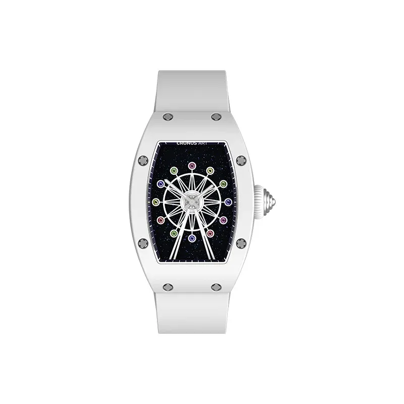 Cronusart women luxury watch tonneau ladies quartz wristwatch ceramic case Fluororubber strap rotatable Ferris wheel dial-TIME.SHOP-watches shop