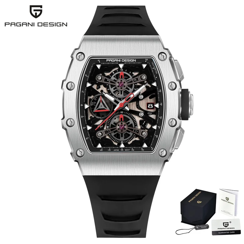 Pagani Design Men's Quartz Watches Japan Movt Skeleton Dial Waterproof Sport Rectangle Sapphire Glass Chronograph Watch For Men
