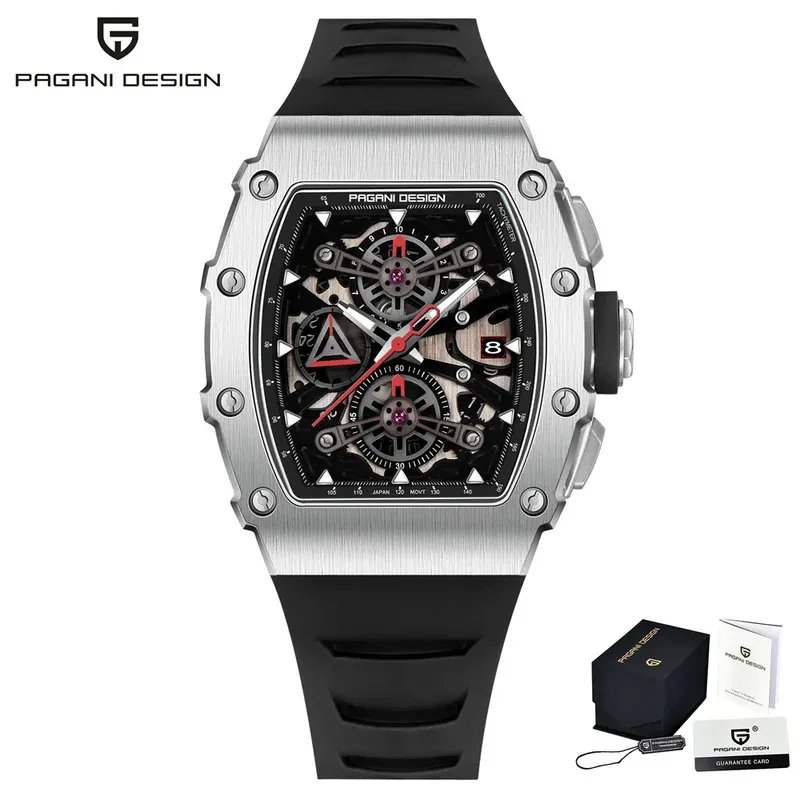 Pagani Design Men's Quartz Watches Japan Movt Skeleton Dial Waterproof Sport Rectangle Sapphire Glass Chronograph Watch For Men