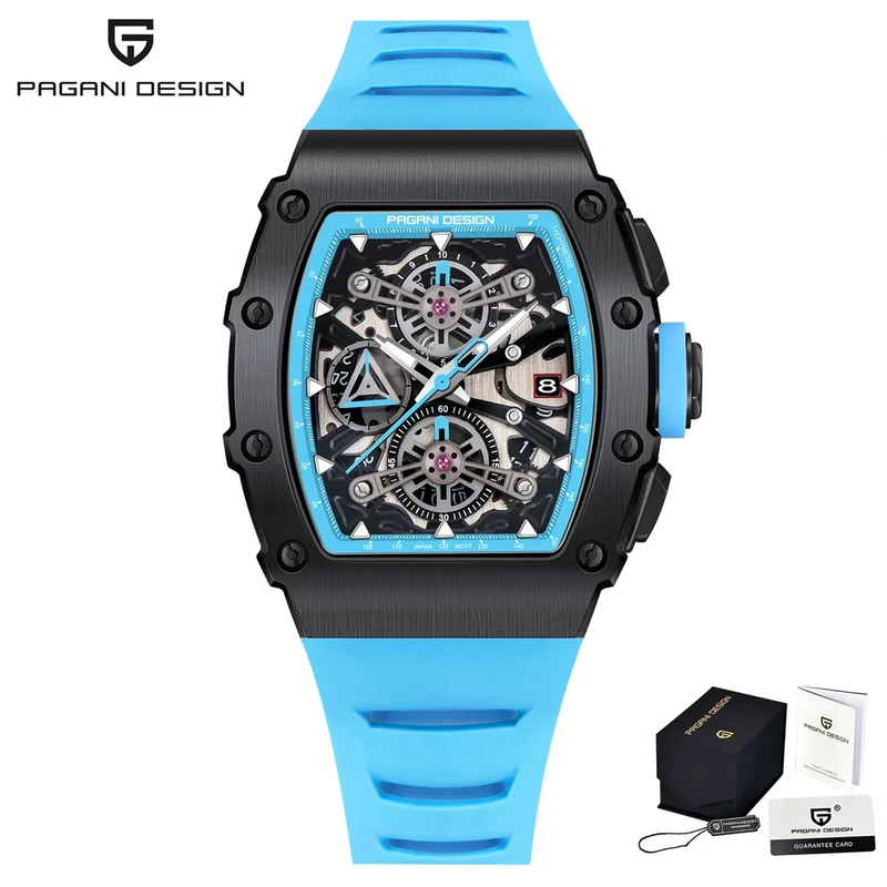 Pagani Design Men's Quartz Watches Japan Movt Skeleton Dial Waterproof Sport Rectangle Sapphire Glass Chronograph Watch For Men