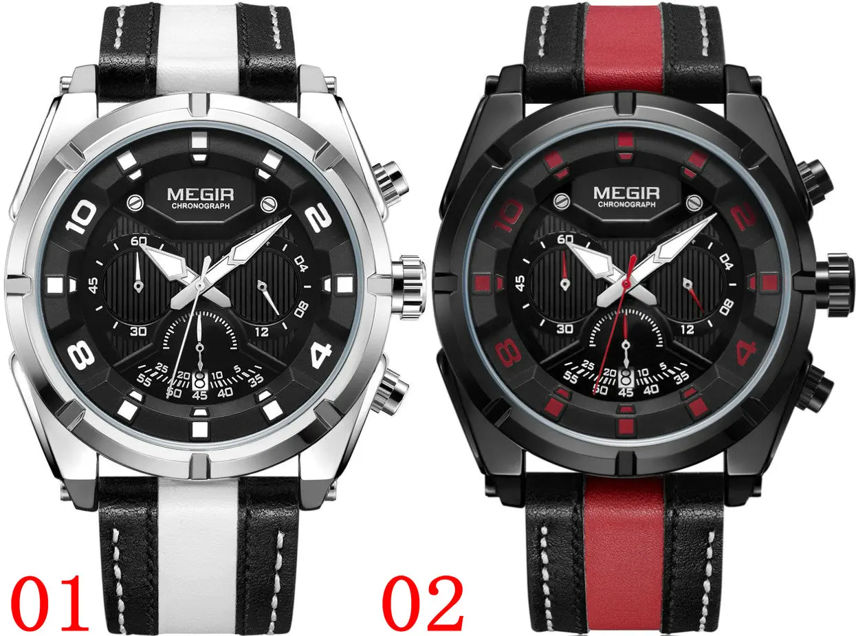 MEGIR 2076 Men'S Fashion Casual Quartz Movement Auto Date Leather Band Analog Watch Band Leather