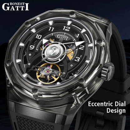BONEST GATTI  Transparent Case Dodecagon Bezel Automatic Skeleton Movement Round Shaped Fluororubber Strap Watch BG5806