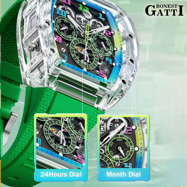 BONEST GATTI Barrel shaped Skeleton Movement K9 Crystal Case Fluororubber Strap Watch Luminous BG9920
