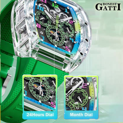 BONEST GATTI Barrel shaped Skeleton Movement K9 Crystal Case Fluororubber Strap Watch Luminous BG9920