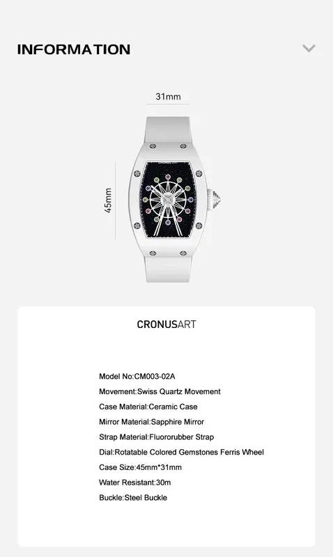 Cronusart women luxury watch tonneau ladies quartz wristwatch ceramic case Fluororubber strap rotatable Ferris wheel dial