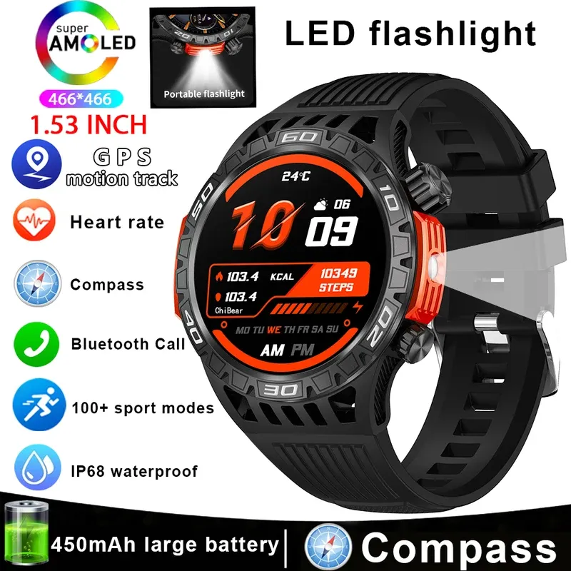 Smart watch men with LED lighting compass sports fitness tracker watch IP68 waterproof Bluetooth Talk smartwatch for Android iOS
