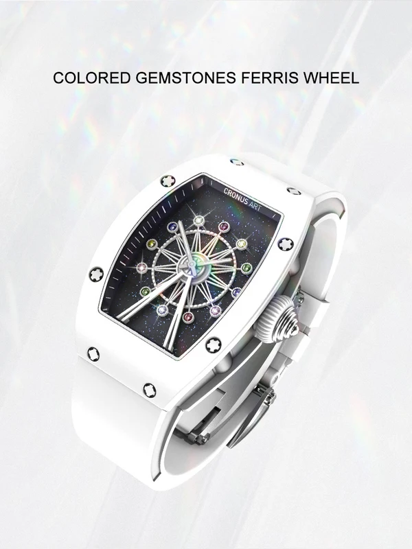 Cronusart women luxury watch tonneau ladies quartz wristwatch ceramic case Fluororubber strap rotatable Ferris wheel dial
