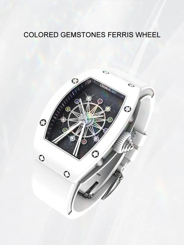 Cronusart women luxury watch tonneau ladies quartz wristwatch ceramic case Fluororubber strap rotatable Ferris wheel dial
