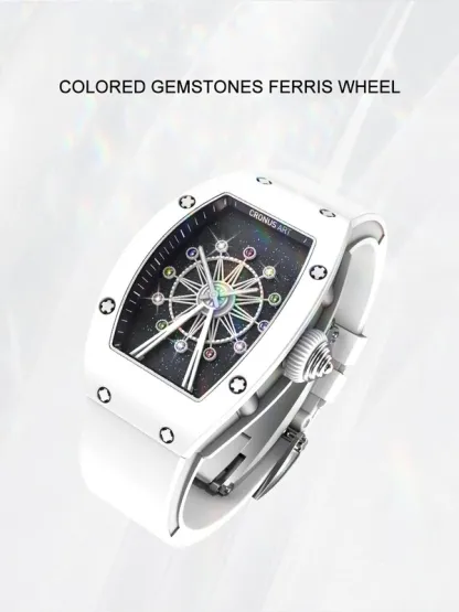 Cronusart women luxury watch tonneau ladies quartz wristwatch ceramic case Fluororubber strap rotatable Ferris wheel dial