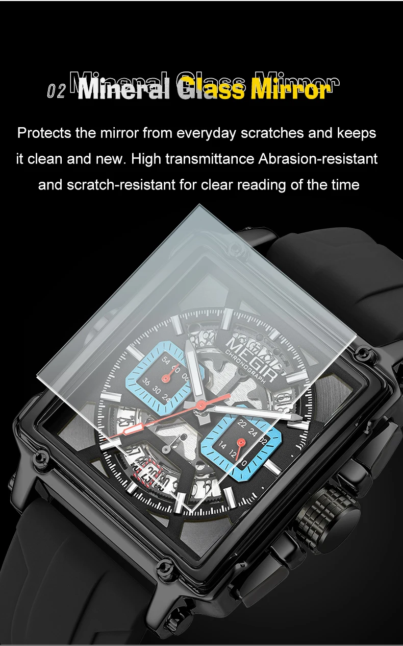 MEGIR 2233 Navy Blue Quartz Watch for Men Chronograph Waterproof Wristwatch with Silicone Strap Luminous Hands Date Square Dial