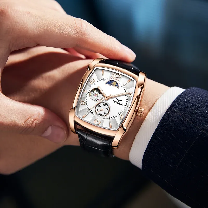 Brand ONOLA Top Luxury Fashion Men's Watches Luminous Square Mechanical Skeleton Sport Waterproof Male Automatic Watch Men