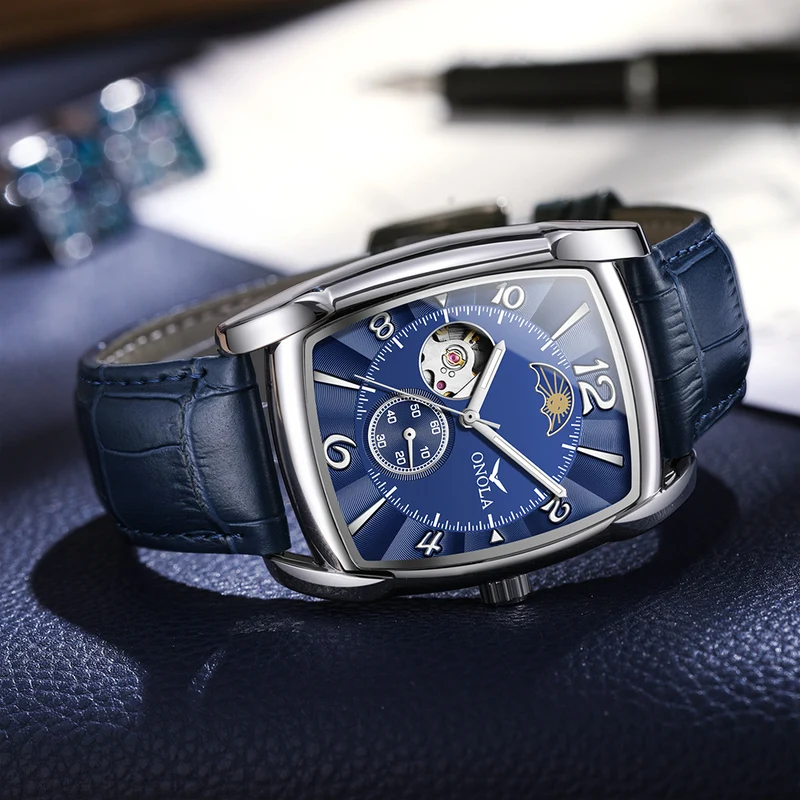 Brand ONOLA Top Luxury Fashion Men's Watches Luminous Square Mechanical Skeleton Sport Waterproof Male Automatic Watch Men