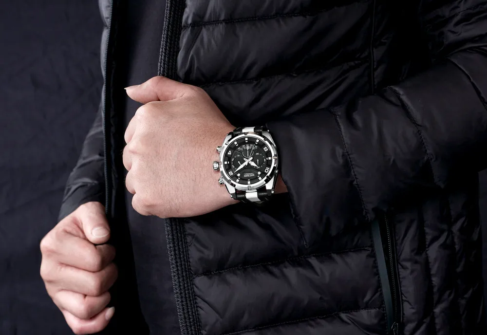 MEGIR 2076 Men'S Fashion Casual Quartz Movement Auto Date Leather Band Analog Watch Band Leather