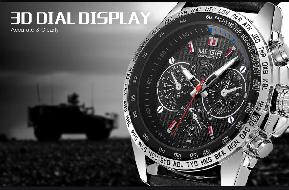 MEGIR 1010 Sport Mens Watches Top Brand Luxury Quartz  PU Strap Clock Men Big Dial Male Clock