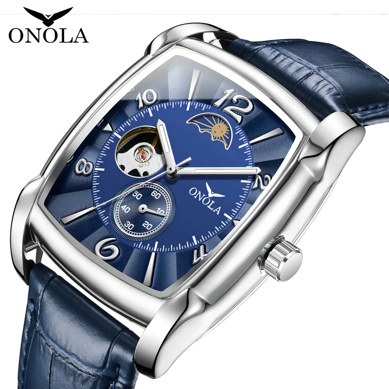 Brand ONOLA Top Luxury Fashion Men's Watches Luminous Square Mechanical Skeleton Sport Waterproof Male Automatic Watch Men