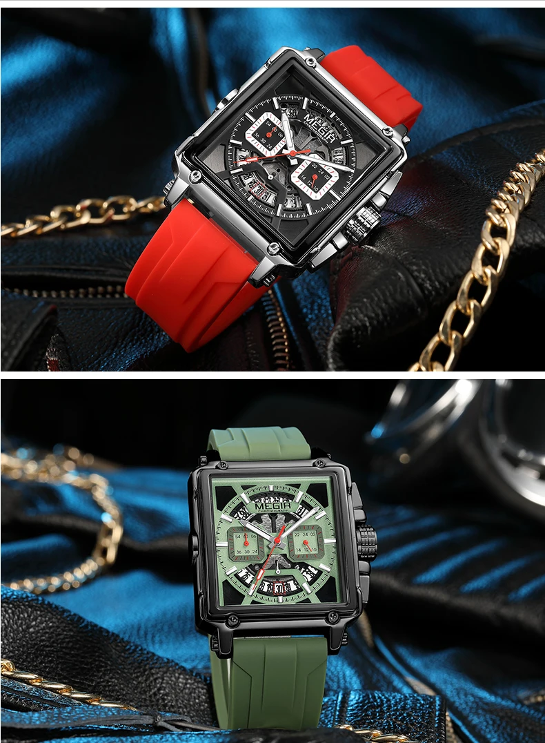 MEGIR 2233 Navy Blue Quartz Watch for Men Chronograph Waterproof Wristwatch with Silicone Strap Luminous Hands Date Square Dial