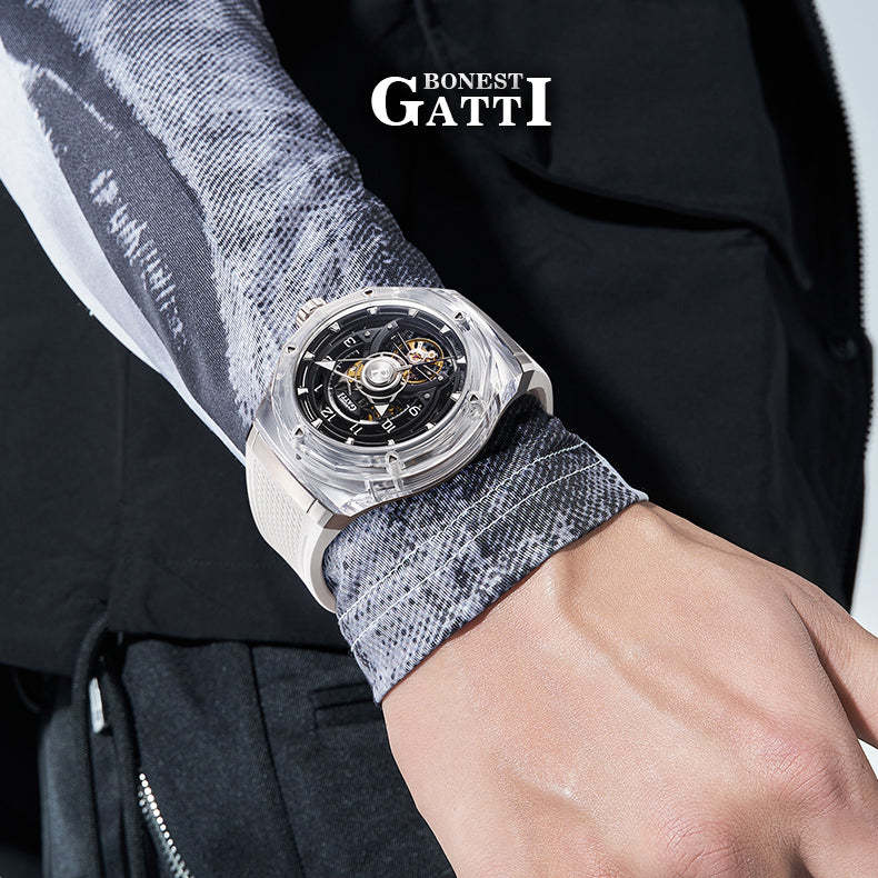 BONEST GATTI  Transparent Case Dodecagon Bezel Automatic Skeleton Movement Round Shaped Fluororubber Strap Watch BG5806