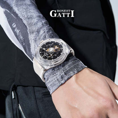 BONEST GATTI  Transparent Case Dodecagon Bezel Automatic Skeleton Movement Round Shaped Fluororubber Strap Watch BG5806