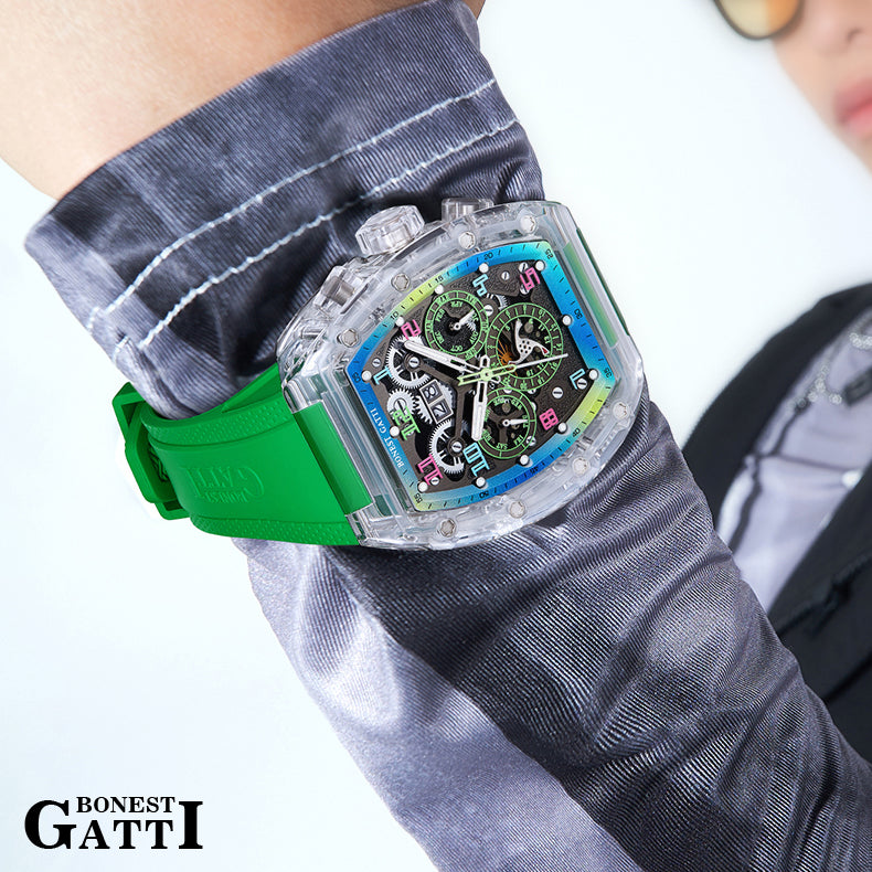 BONEST GATTI Barrel shaped Skeleton Movement K9 Crystal Case Fluororubber Strap Watch Luminous BG9920