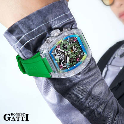 BONEST GATTI Barrel shaped Skeleton Movement K9 Crystal Case Fluororubber Strap Watch Luminous BG9920