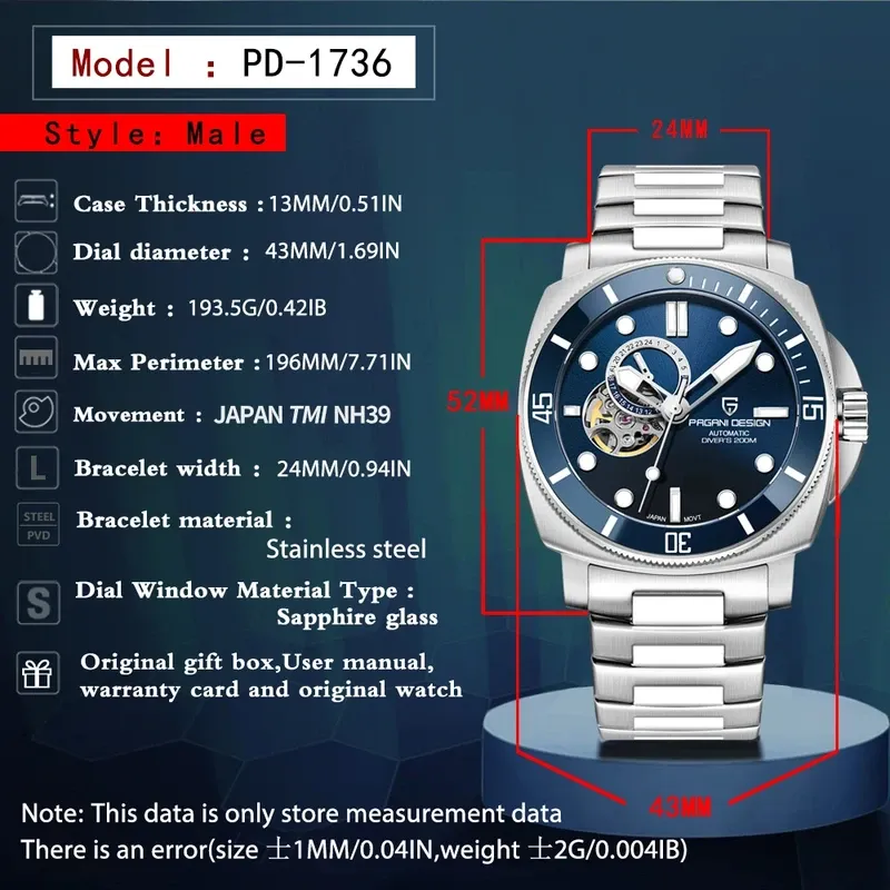 Pd1736 Pagani design 2024 men automatic mechanical watch casual fashion Sapphire stainless steel diving TMI nh39 Reloj Hombre