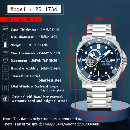 Pd1736 Pagani design 2024 men automatic mechanical watch casual fashion Sapphire stainless steel diving TMI nh39 Reloj Hombre