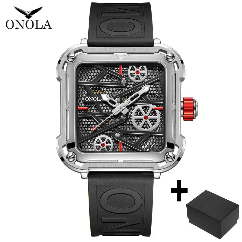 Fashion onola Mens Watch unique square mechanical wristwatch waterproof sport silicone strap automatic man wristwatches hot sale
