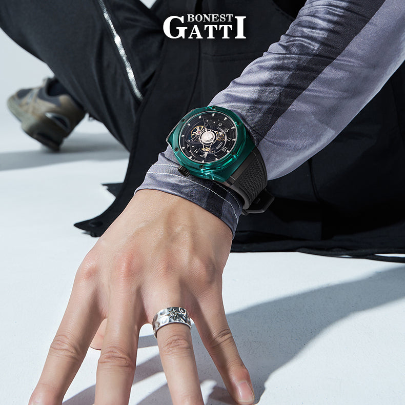 BONEST GATTI  Transparent Case Dodecagon Bezel Automatic Skeleton Movement Round Shaped Fluororubber Strap Watch BG5806