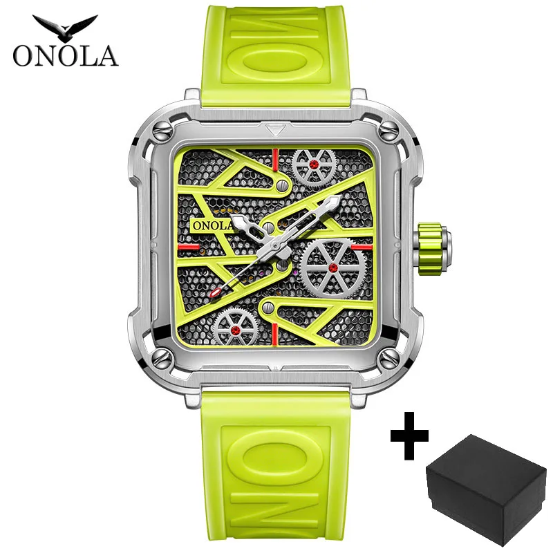Fashion onola Mens Watch unique square mechanical wristwatch waterproof sport silicone strap automatic man wristwatches hot sale